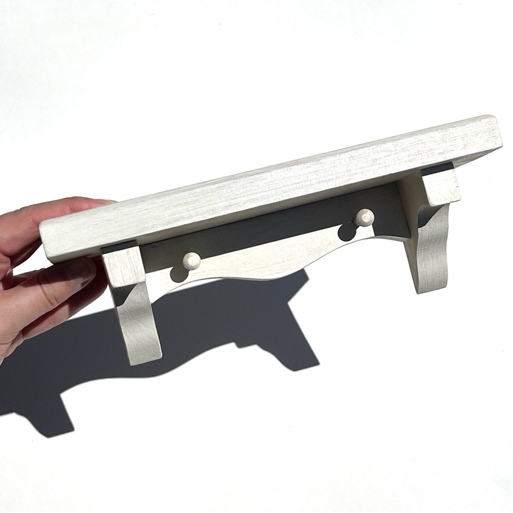 Small White Wood Wall Shelf with Pegs: Rustic Cottagecore Decor